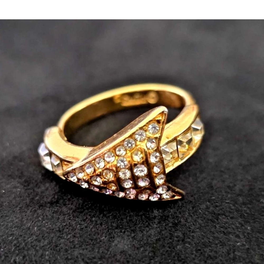Vintage Christian Dior Gold Plated Crystal Arrow Ring ADJUSTABLE US SIZE 7.5 VTG